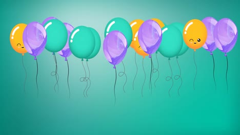 Animation-Von-Grünen,-Violetten-Und-Orangefarbenen-Luftballons-Auf-Grünem-Hintergrund