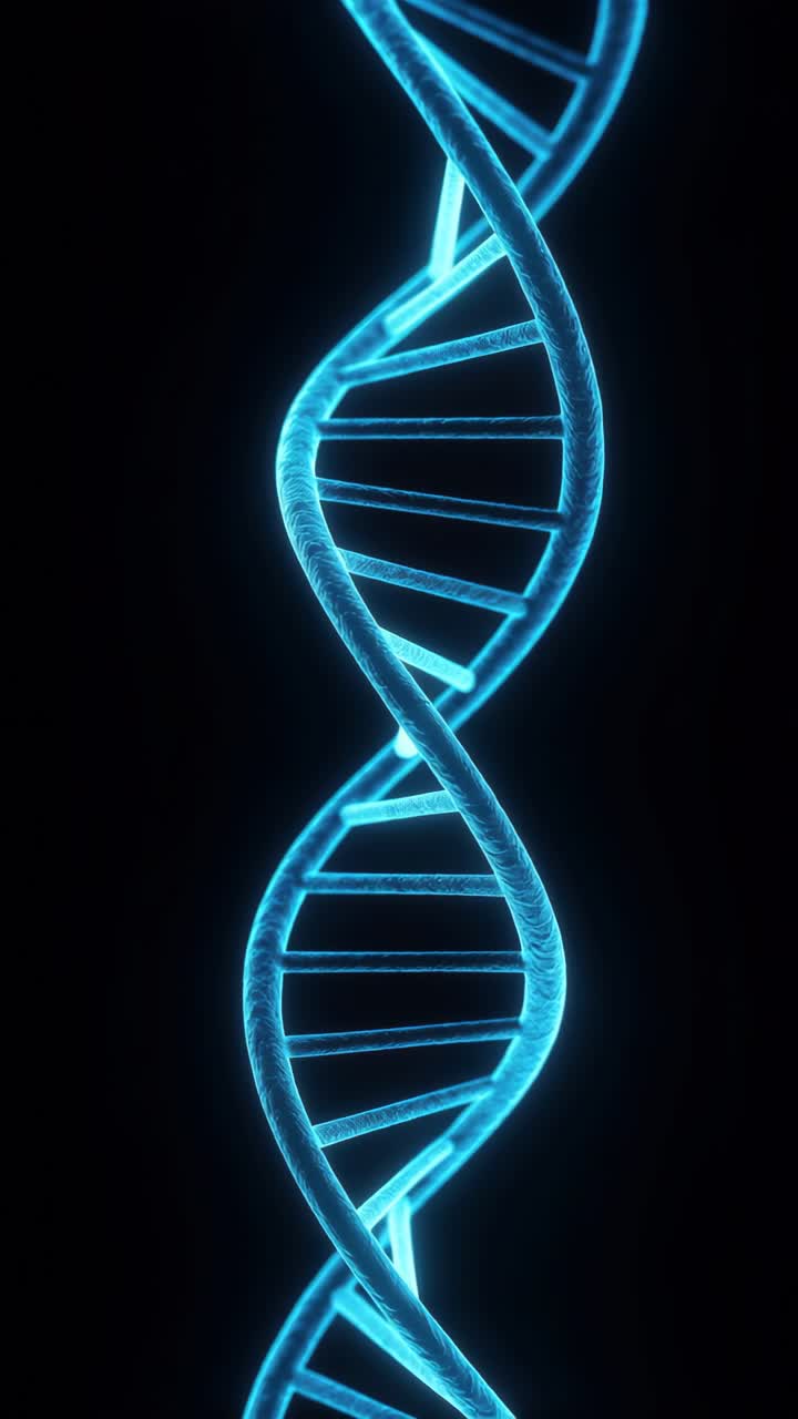 Un'elica di DNA blu brillante su sfondo nero, ripresa con un angolo verticale