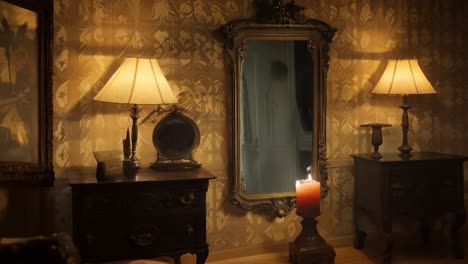 a vintage room with candlelight and antique furniture