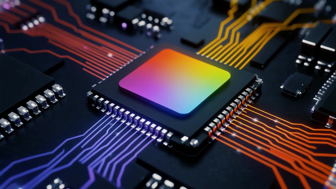 Central Processing Unit-chip med glødende dataflow på et printkort