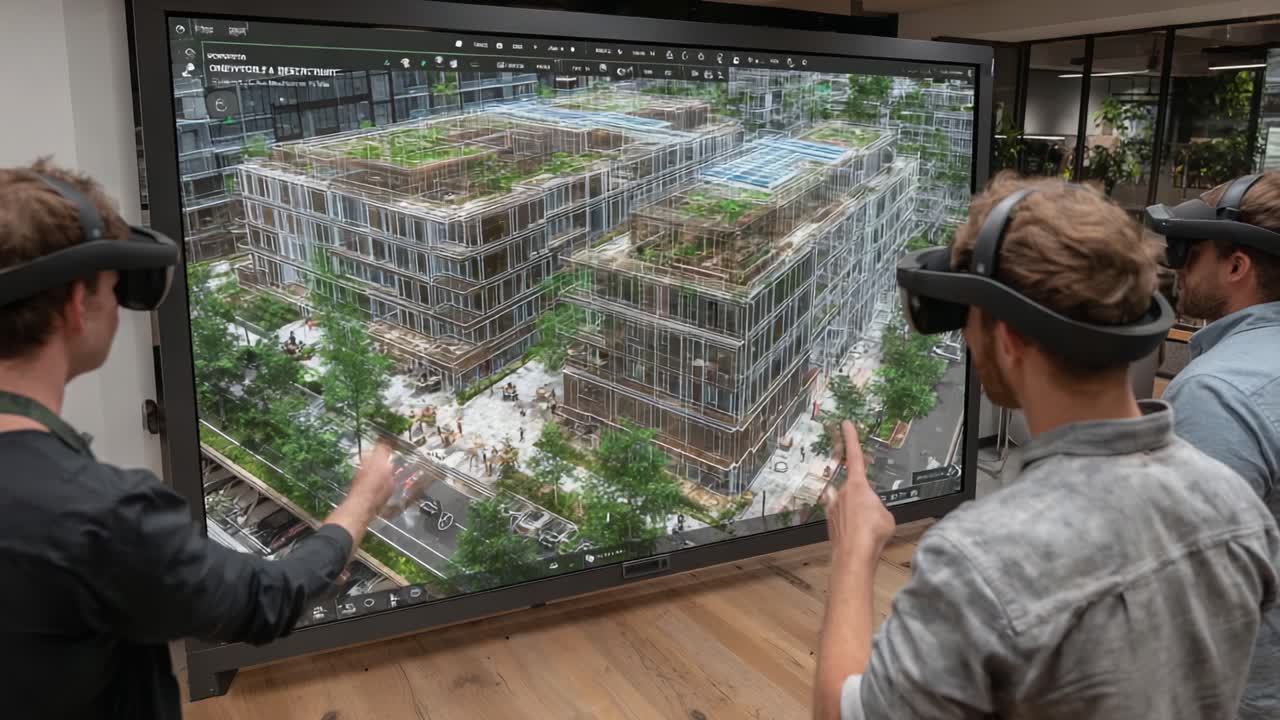Innovative 3D Visualization of Modern Architectural Design with Virtual Reality and Collaborative Interaction in a High-Tech Workspace Environment