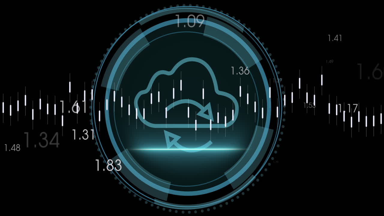 Animation of data processing over cyber security text banner and cloud icon on round scanner