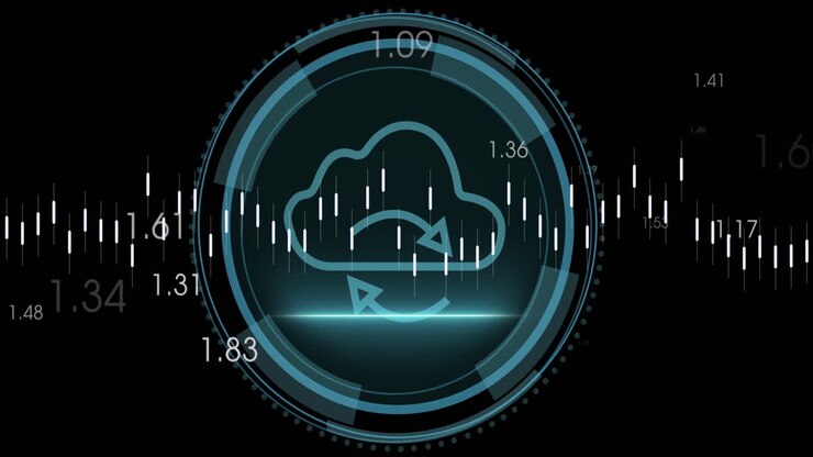Animation of data processing over cyber security text banner and cloud icon on round scanner