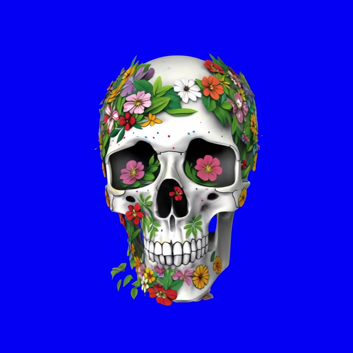 Teschio umano rotante decorato con fiori colorati su sfondo blu