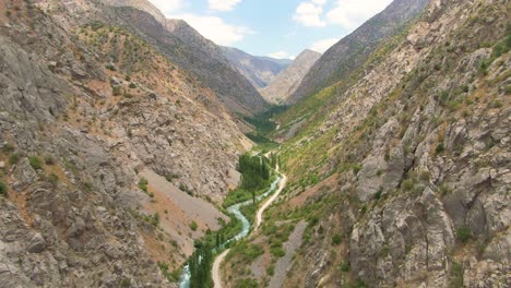 Narrow-Stream-And-Trail-Between-Rocky-Mountains-In-Rural-Countryside-In-Uzbekistan