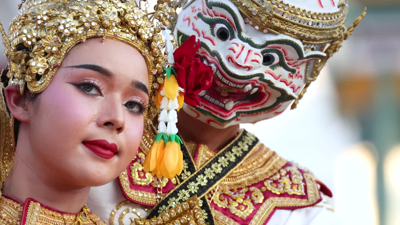 Nærbillede af thailandske klassiske dansere i udsmykkede kostumer, der optræder ved Wat Suthat Thepwararam