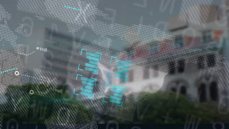 digital data processing animation over urban landscape with buildings and greenery