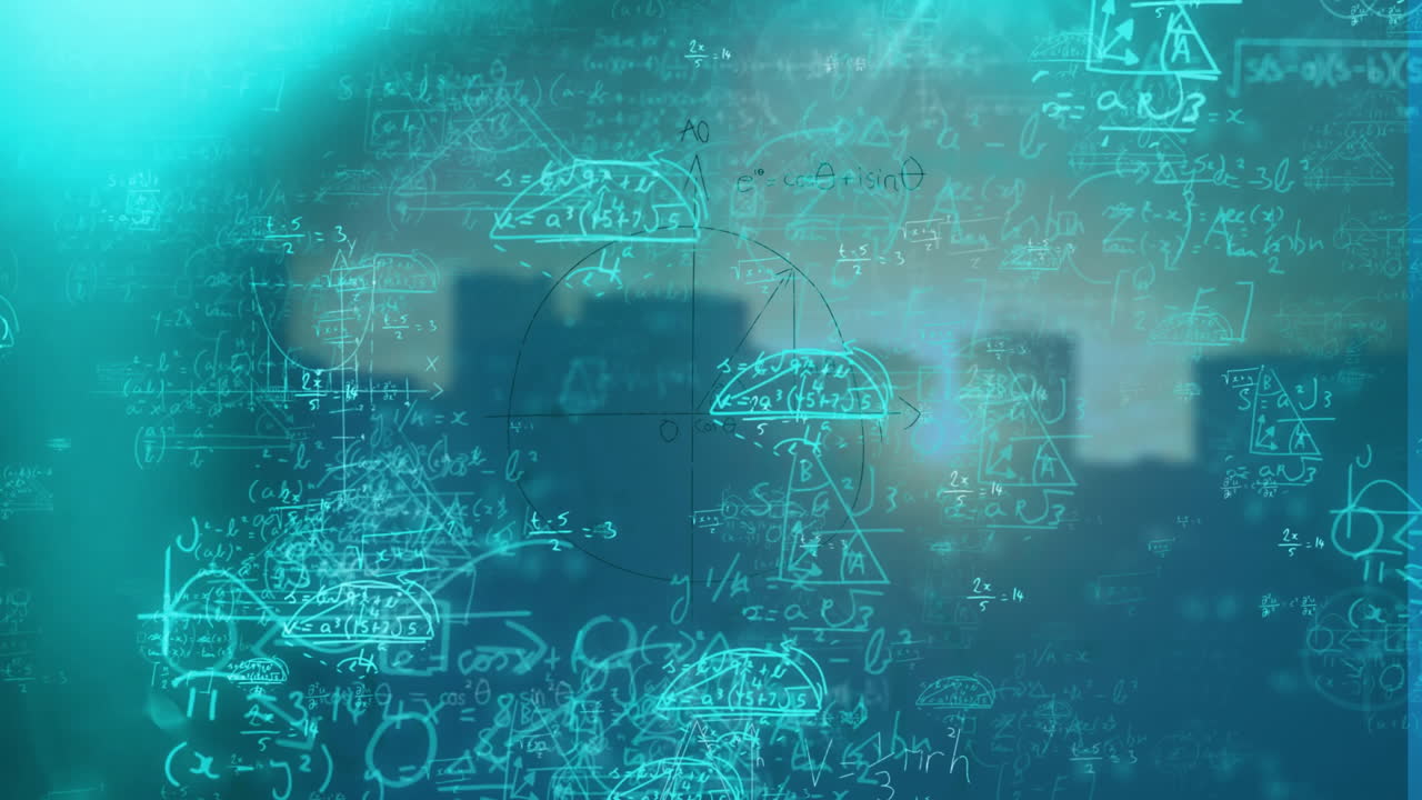 Animation of mathematical equations and diagrams overlaying blue background in school