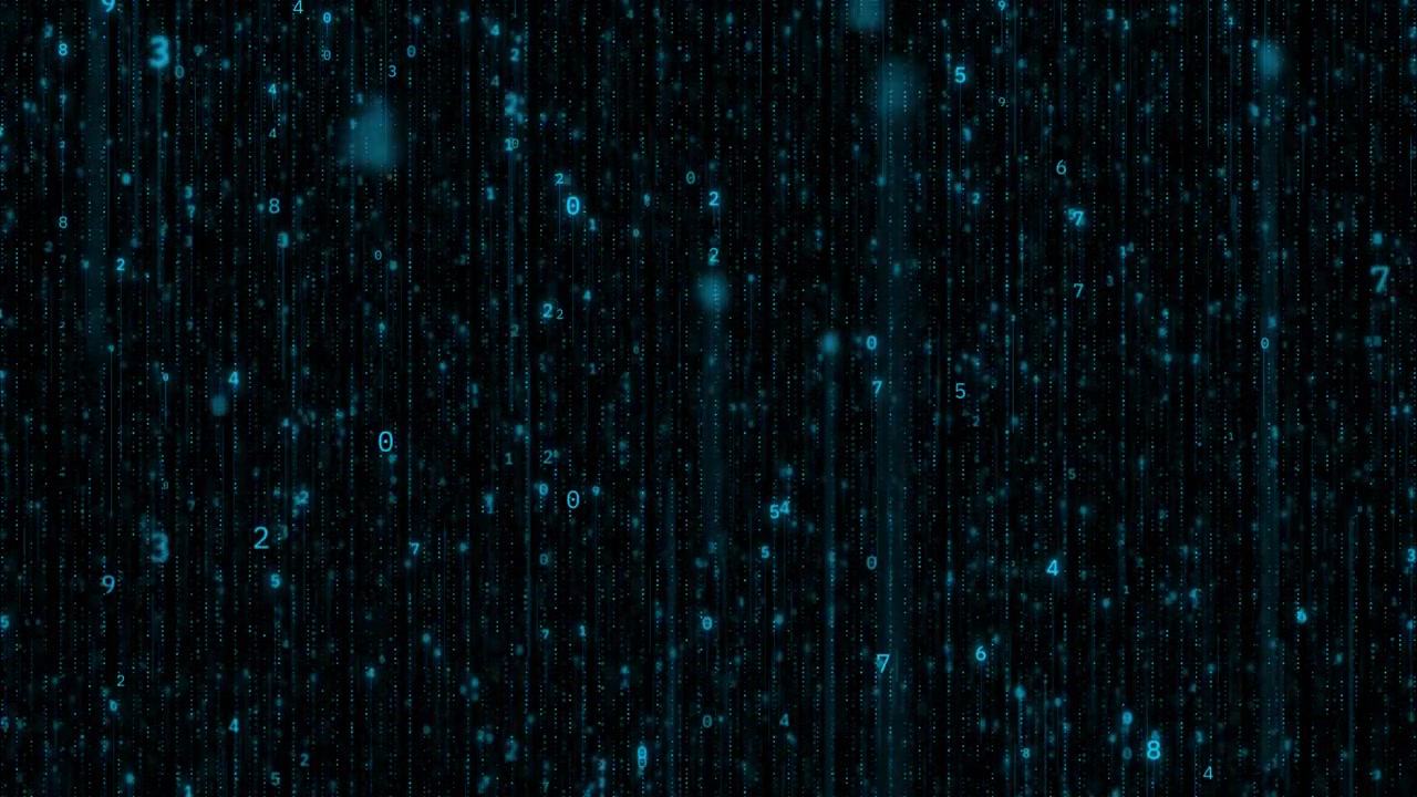 Digital number cascade code visual with cyan falling data dark matrix texture and glowing particle