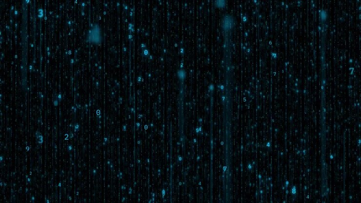 Digital number cascade code visual with cyan falling data dark matrix texture and glowing particle