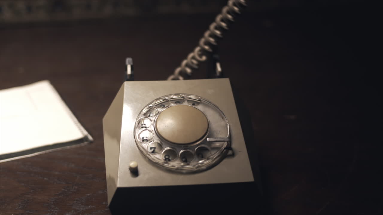 Hand picks up and dials old rotary phone then sets back down, close-up