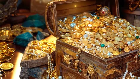 a wooden chest filled with lots of gold coins and pearls