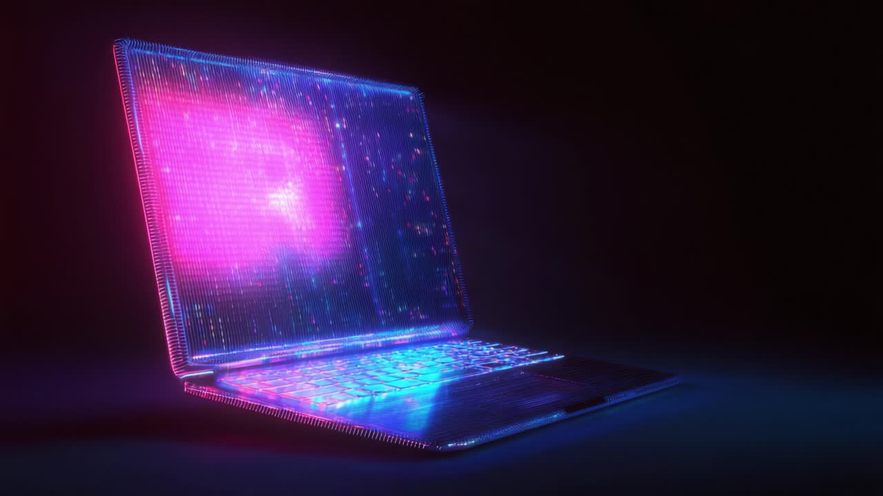 A mesmerizing digital representation of a glowing laptop emitting vibrant colors and cosmic patterns, showcasing futuristic design elements in a dark environment