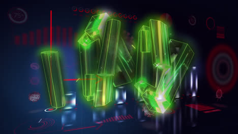 animación de bloques metálicos verdes, celdas de covid-19 y procesamiento de estadísticas