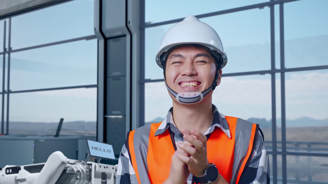 현대적인 산업 환경에서 박수를 치는 행복한 엔지니어