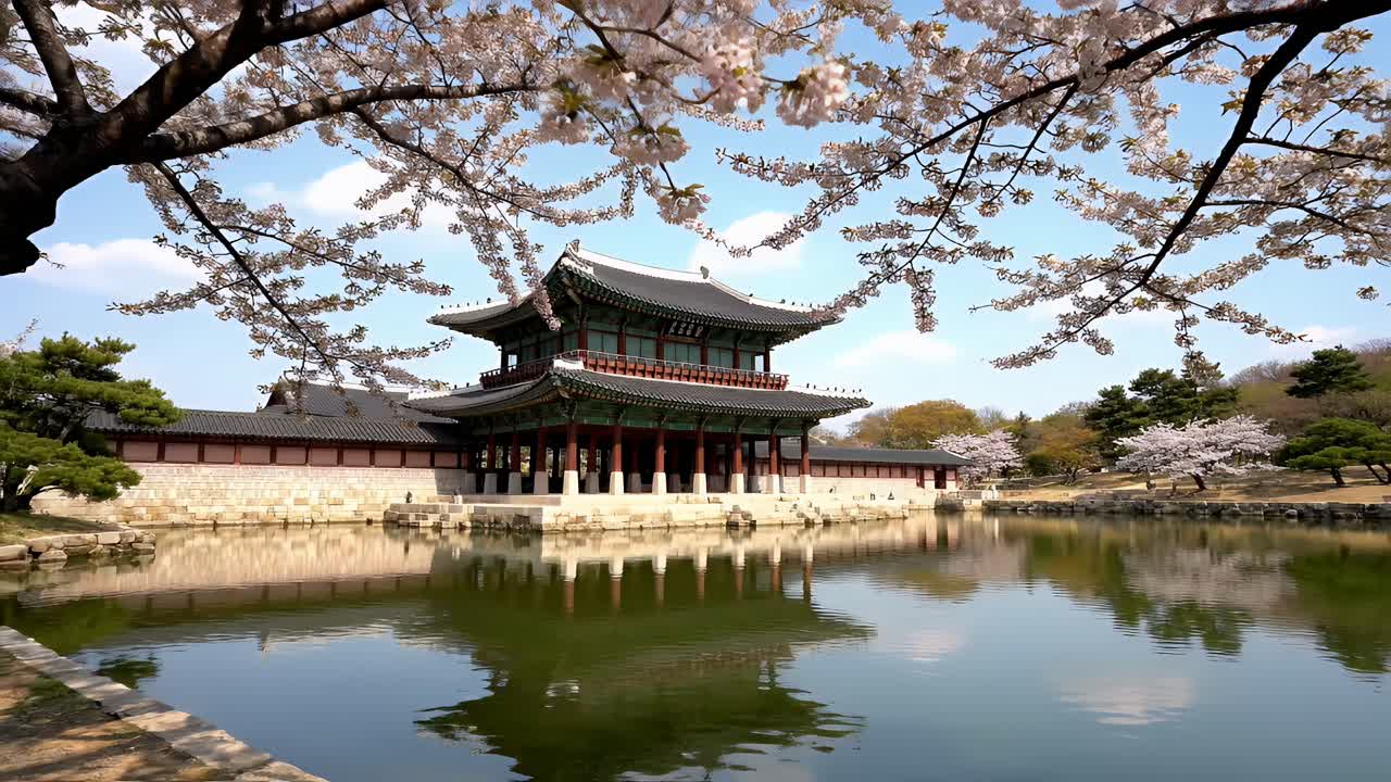 Korean Palace with Cherry Blossoms in Spring