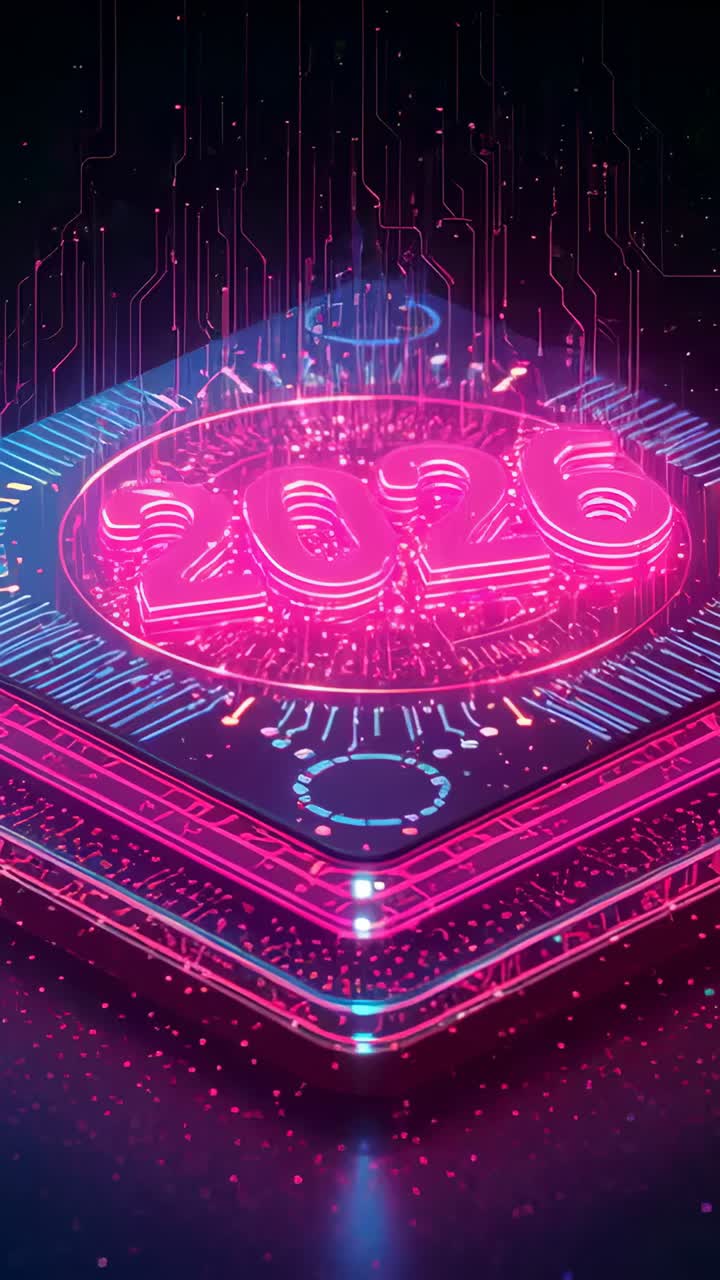 Vertical video: Camera zooming, neon 2020 numerals pulsing on round circuit base, cyan ring glowing