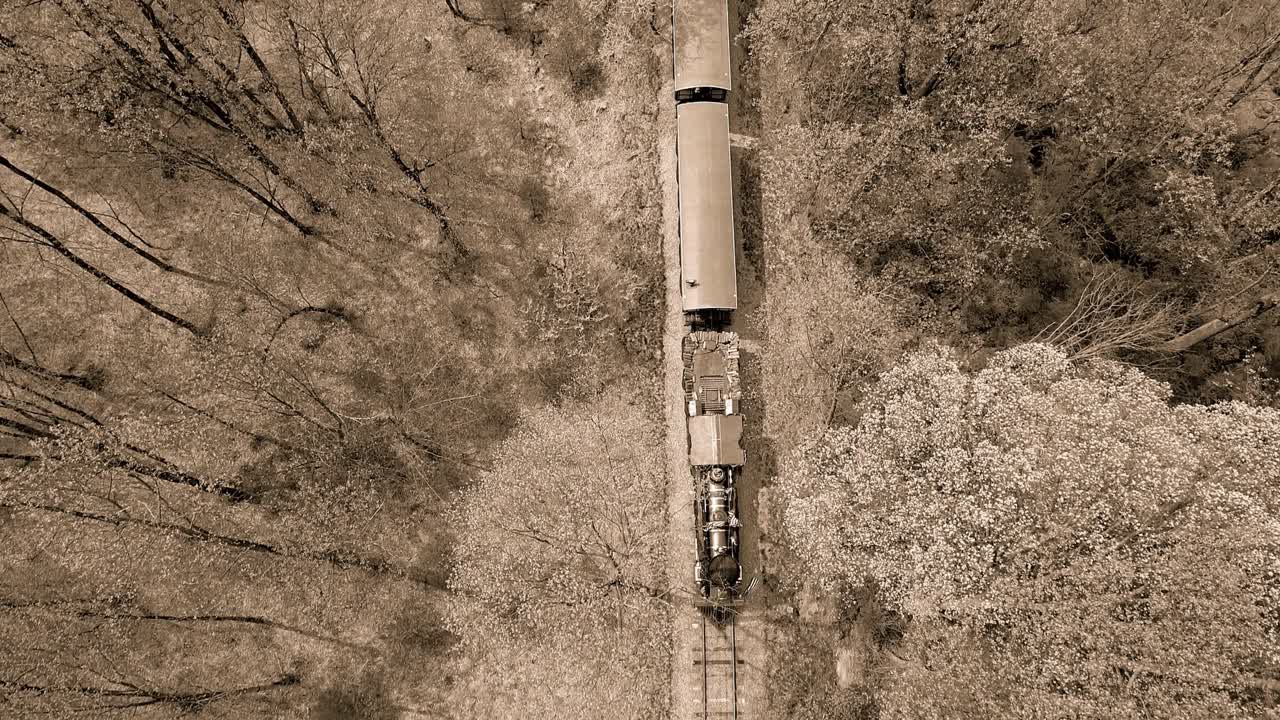 A Black and White Aerial View of an 1860's Steam Passenger Train Traveling Thru a Wooded Area on a Lonely Single Track