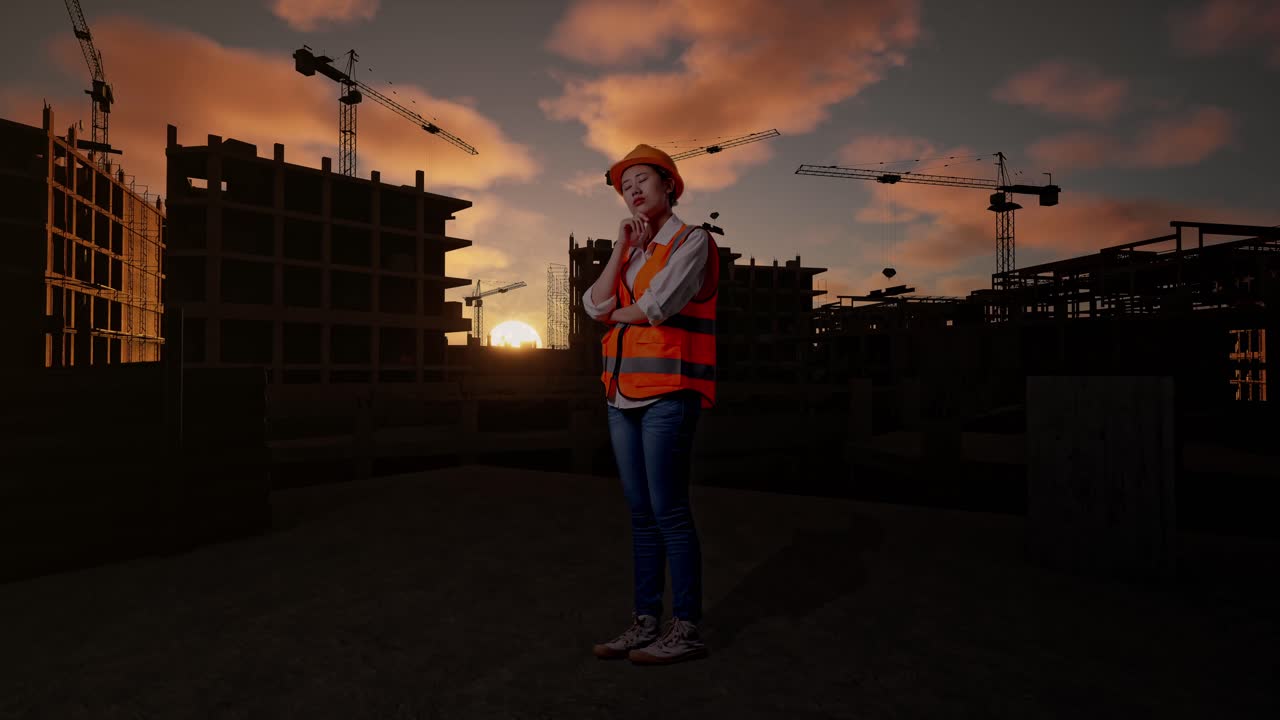 Full Body Side View Of Asian Female Engineer With Safety Helmet Thinking About Something And Looking Around While Standing At Construction Site in Progress to New House