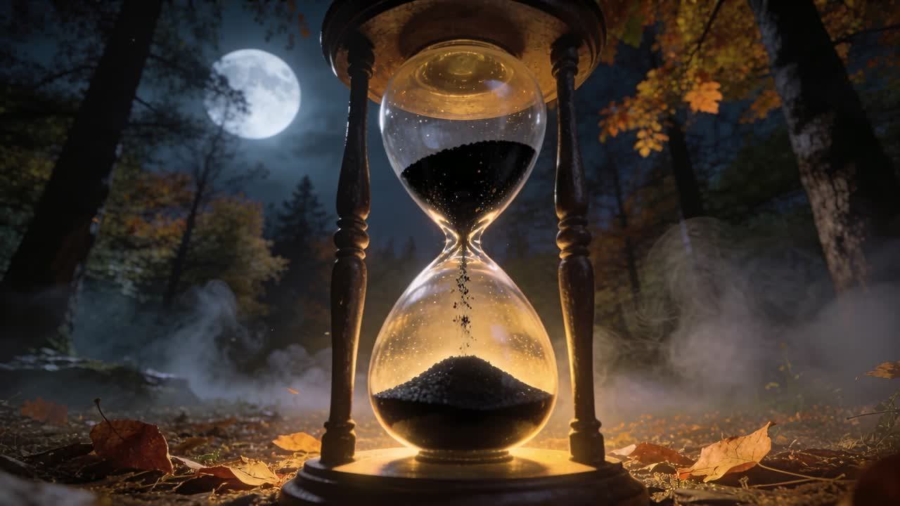 Clessidra luminosa in una radura illuminata dalla luna, sabbia nera che scorre dopo essere stata capovolta, per tenere traccia del tempo per il marketing