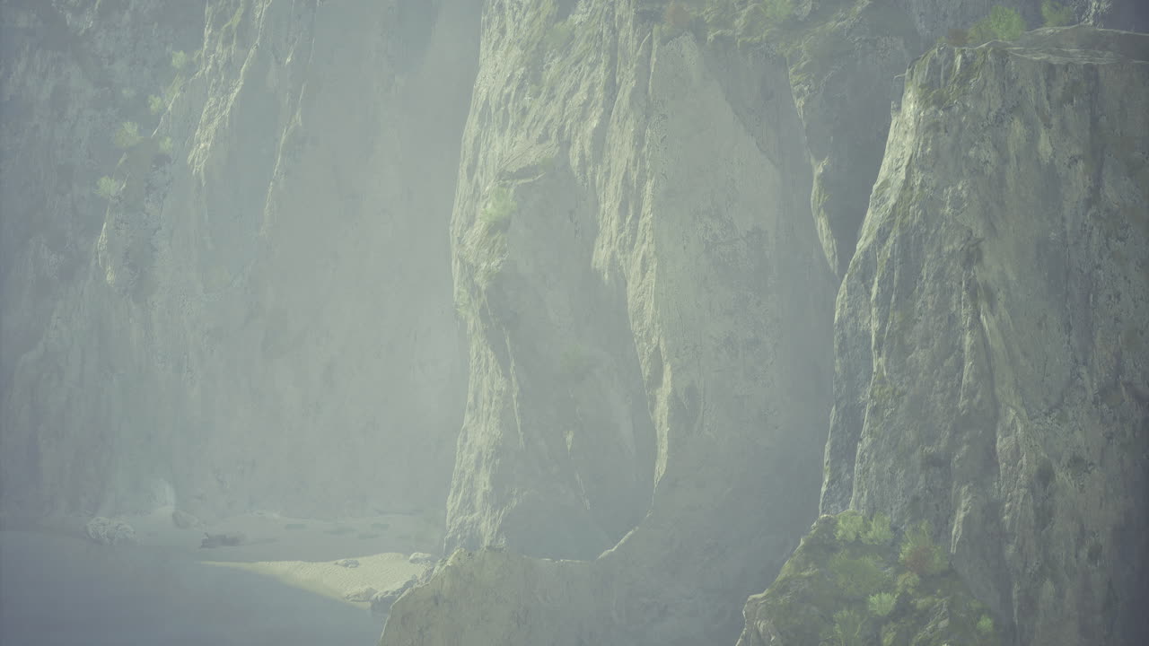 Coastal cliffs shrouded in mist with waves gently lapping the shore