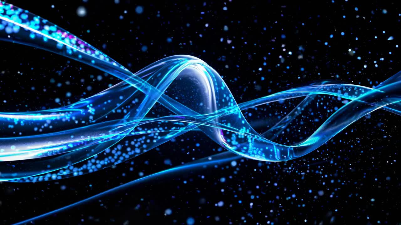 Abstract video with flowing blue light trails and particles, captured from a dynamic angle