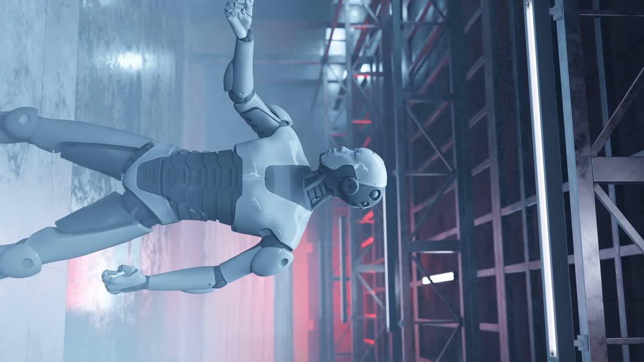 vertical of artificial intelligence factory robot humanoid cyber moving his hands prototype futuristic scenario 3d rendering animation