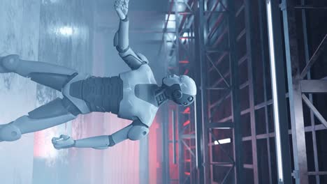 vertical of artificial intelligence factory robot humanoid cyber moving his hands prototype futuristic scenario 3d rendering animation