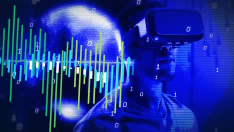 animación de procesamiento de datos y codificación binaria sobre hombre afroamericano en auriculares vr