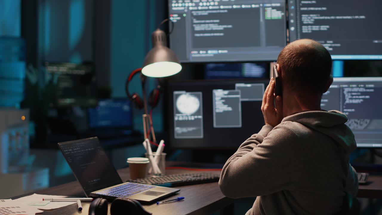 Man working on computer while talking on the phone