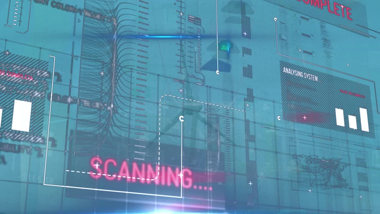 Animation of data processing and statistics over grid on blue background