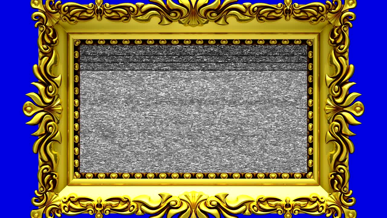 la cámara hace zoom en el marco de la imagen dorada en fondo azul. el ruido de la televisión y la tecla de croma verde se reproducen en la pantalla. animación 3d.