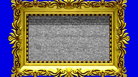 la cámara hace zoom en el marco de la imagen dorada en fondo azul. el ruido de la televisión y la tecla de croma verde se reproducen en la pantalla. animación 3d.