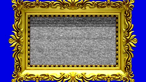 camera zoom into the gold picture frame on blue background. tv noise and green chroma key plays on the screen. 3d animation.