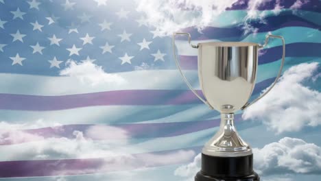 american flag with blue sky and trophy