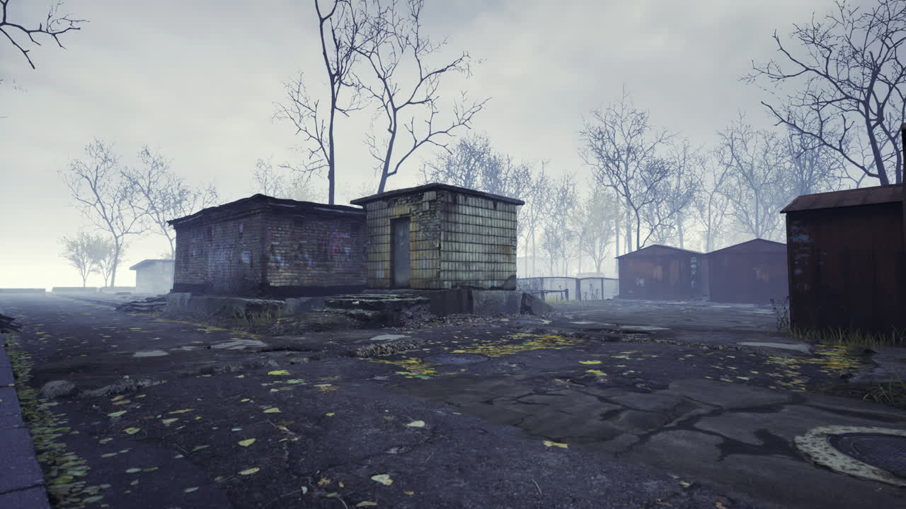Abandoned settlement with eerie atmosphere and foggy surroundings in autumn