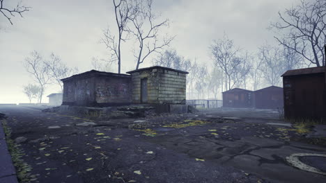 abandoned settlement with eerie atmosphere and foggy surroundings in autumn