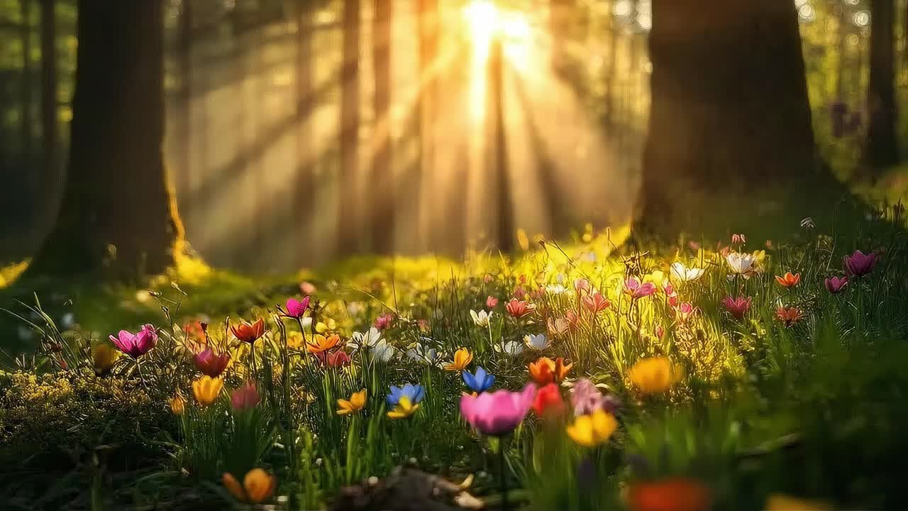 Sunlit forest floor with colorful flowers, captured at a low angle, ideal for a serene video
