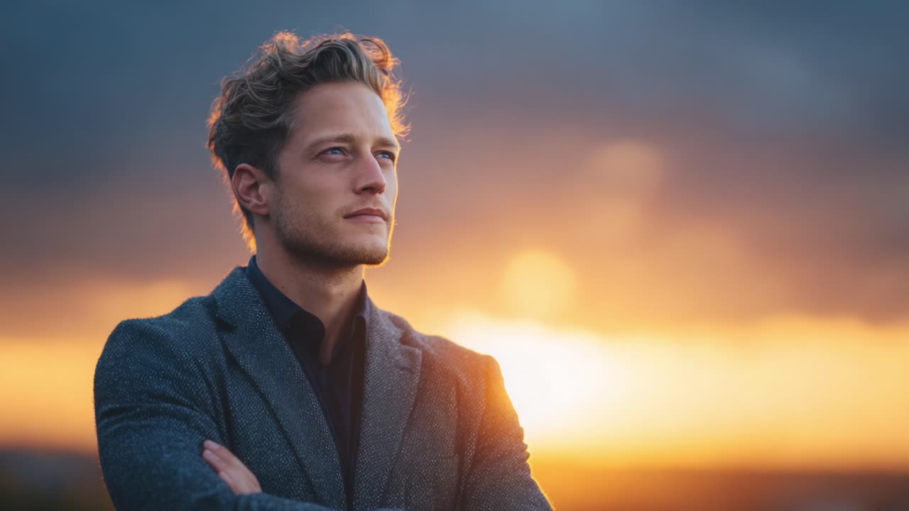 A Thoughtful Man Standing Confidently Against a Beautiful Sunset, Reflecting on Life's Journey with a Serious Expression and Stylish Ensemble