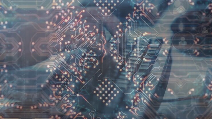 Animation of computer circuit board and network of connections over hands typing on keyboard
