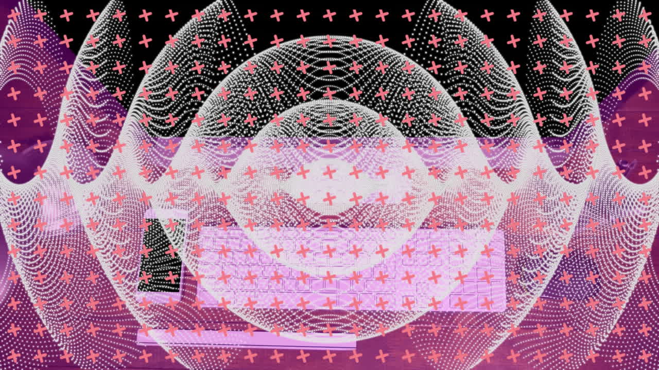 책상 에 있는 컴퓨터 위 에 분홍색 십자가 와  ⁇ 색 mesh 곡선 의 그리드 의 애니메이션