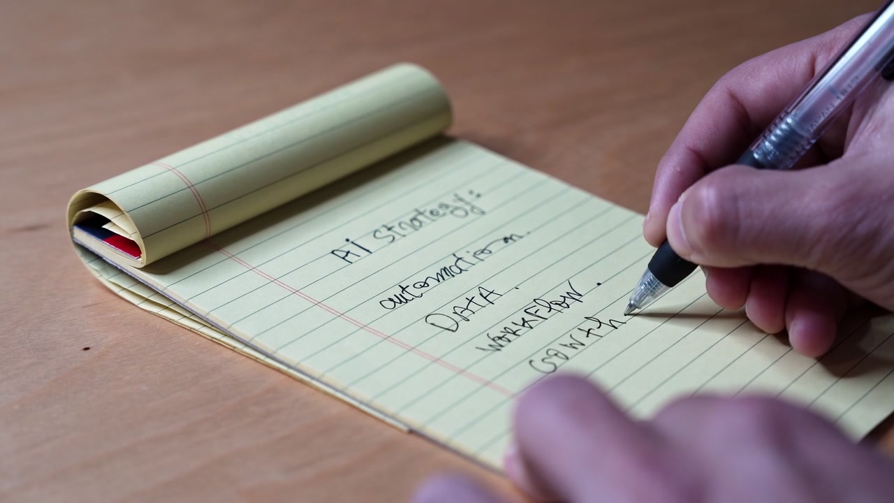 Close-up of a professional's hand using a black pen to write an AI strategy list on a yellow notepad. The handwritten notes detail workflow and data automation on a wooden office desk.