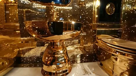 a bathroom with a gold toilet and sink in it