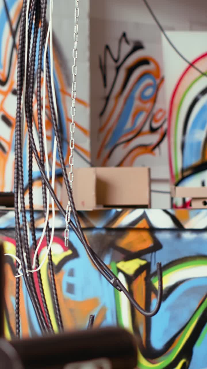 Video verticale. Primo piano di cavi elettrici che pendono in un edificio abbandonato con graffiti