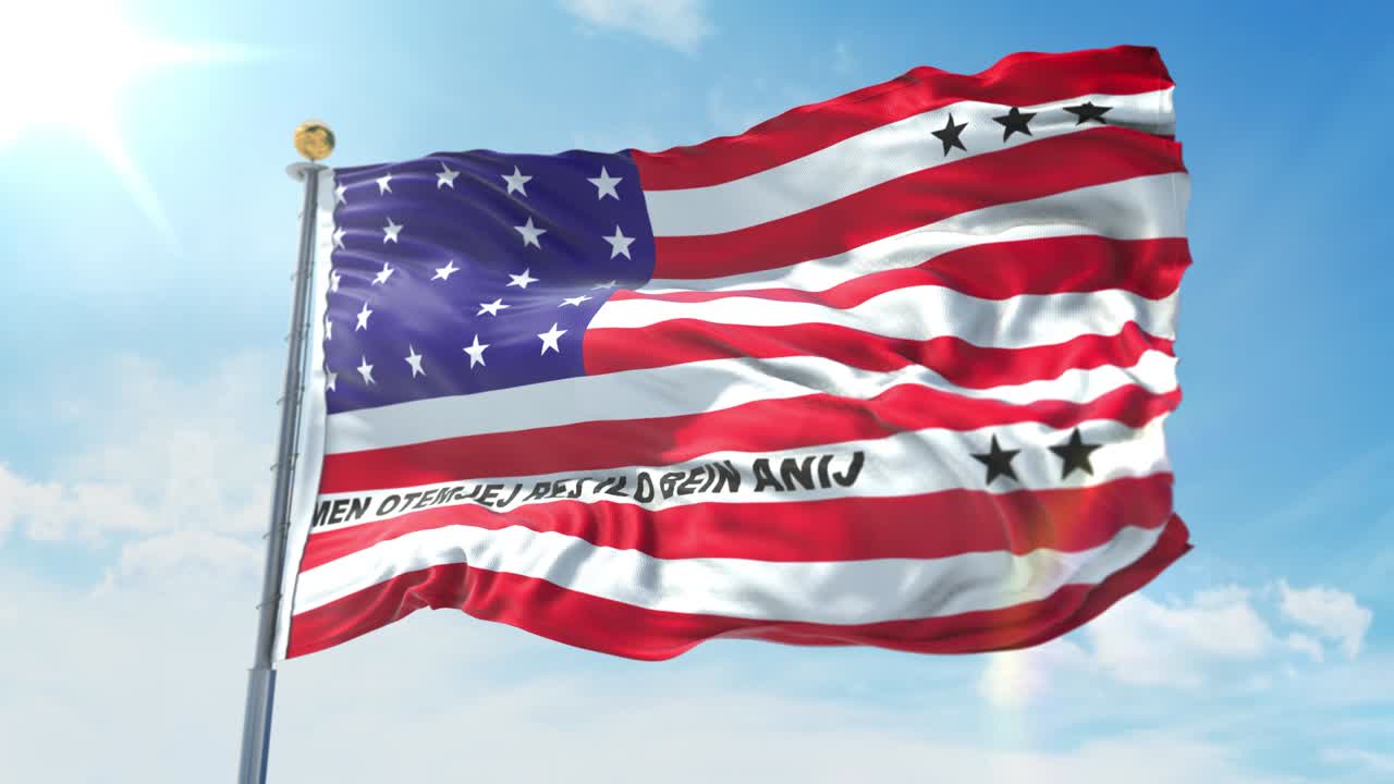 la bandera del atolón de bikini ondeando en el viento contra el cielo azul profundo. tema nacional, concepto internacional. renderización 3d de bucle sin costuras 4k