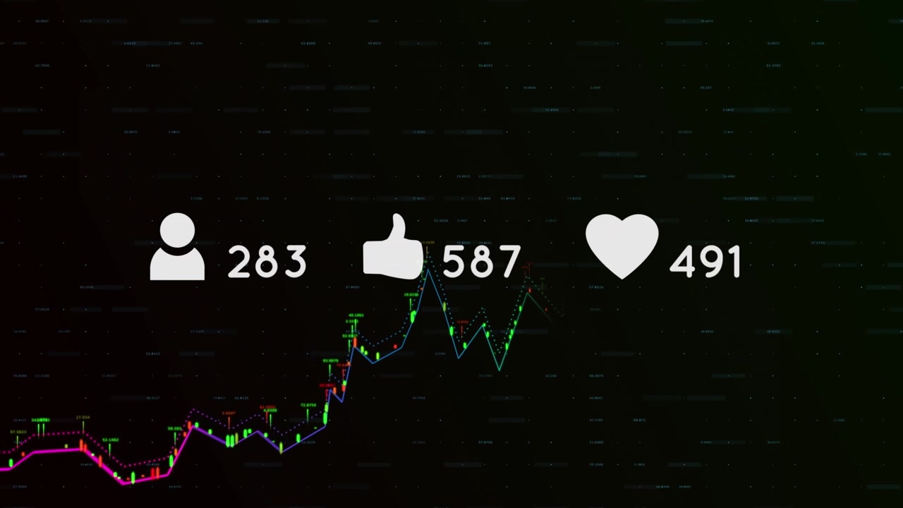 Animation af reaktioner på sociale medier over finansielle data på sort baggrund