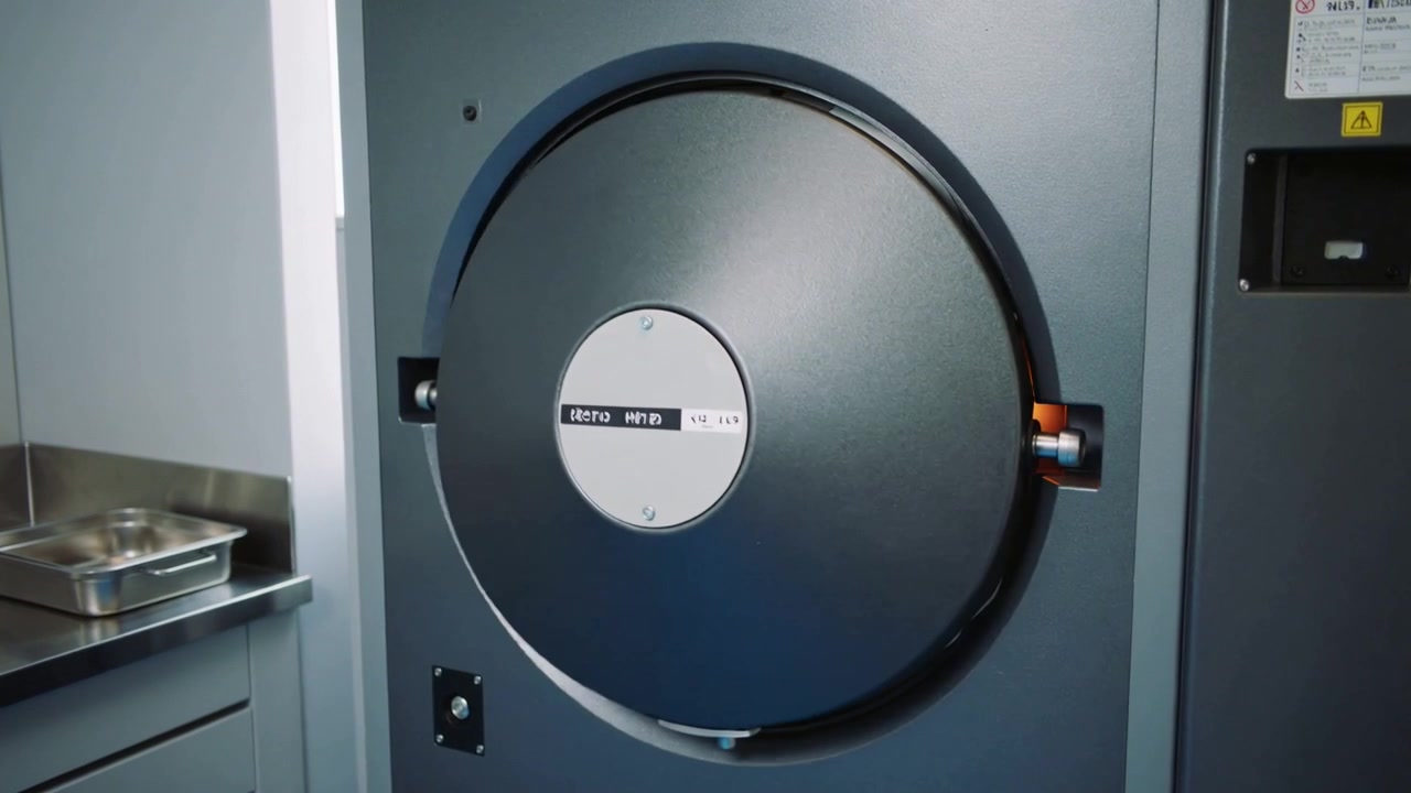 Abbassamento della porta dell'autoclave in un piccolo laboratorio mentre una luce arancione segnala il ciclo, sigillando la camera con morsetti