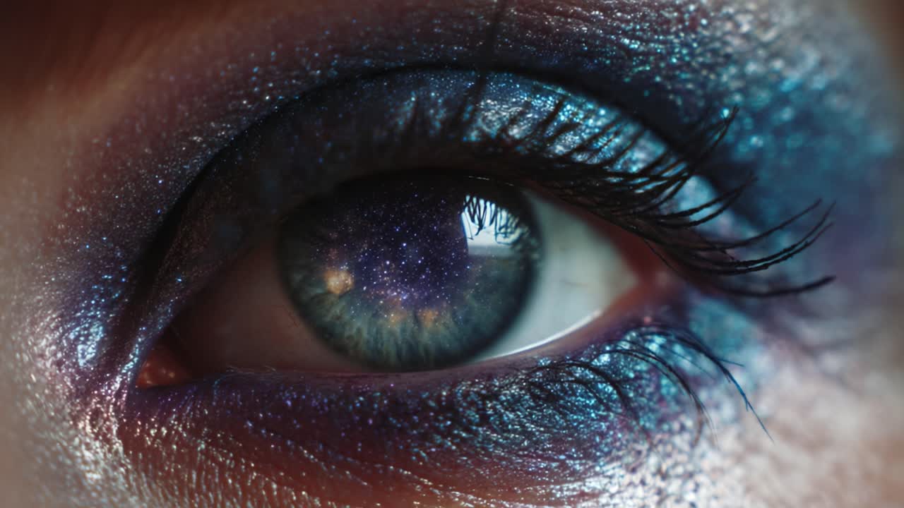 Captivating Glittering Eye Close-Up: A Stunning Display of Vivid Colors and Intricate Details in Eye Makeup, Highlighting the Depths of the Iris and the Twinkling Starry Reflections Within the Pupil