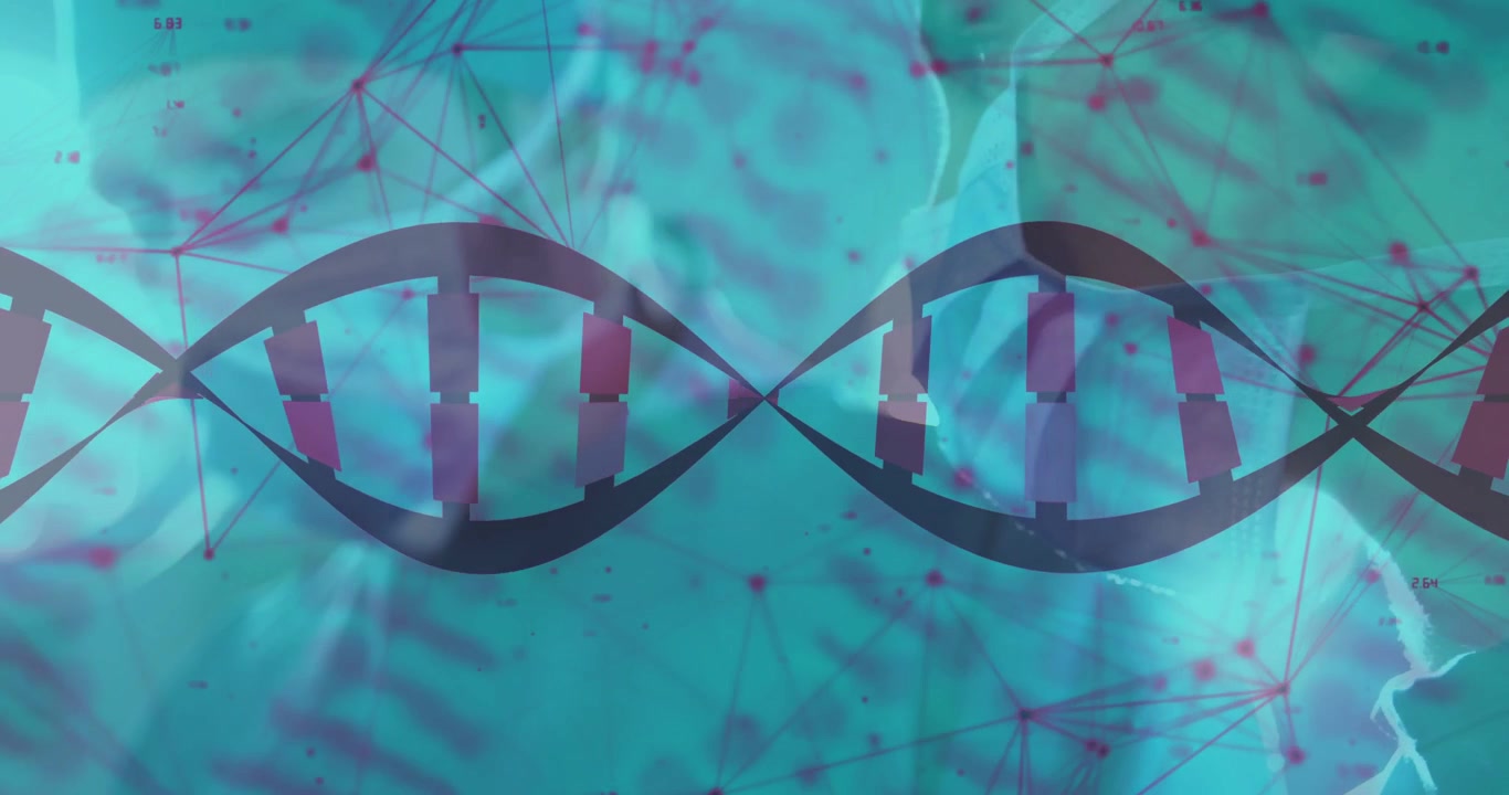 Masked staff watching DNA helix pulsing and shifting for research while animation relinking nodes
