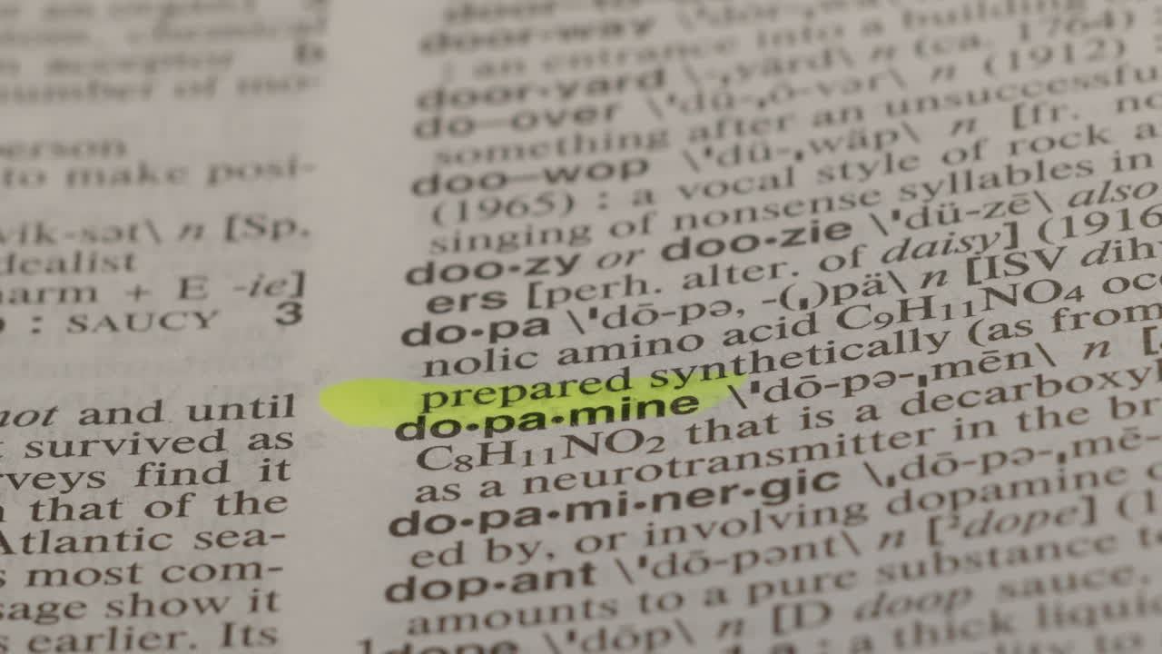 Dopamine Health Dictionary Highlighter Concept, highlighting a word in a dictionary to show it's definition